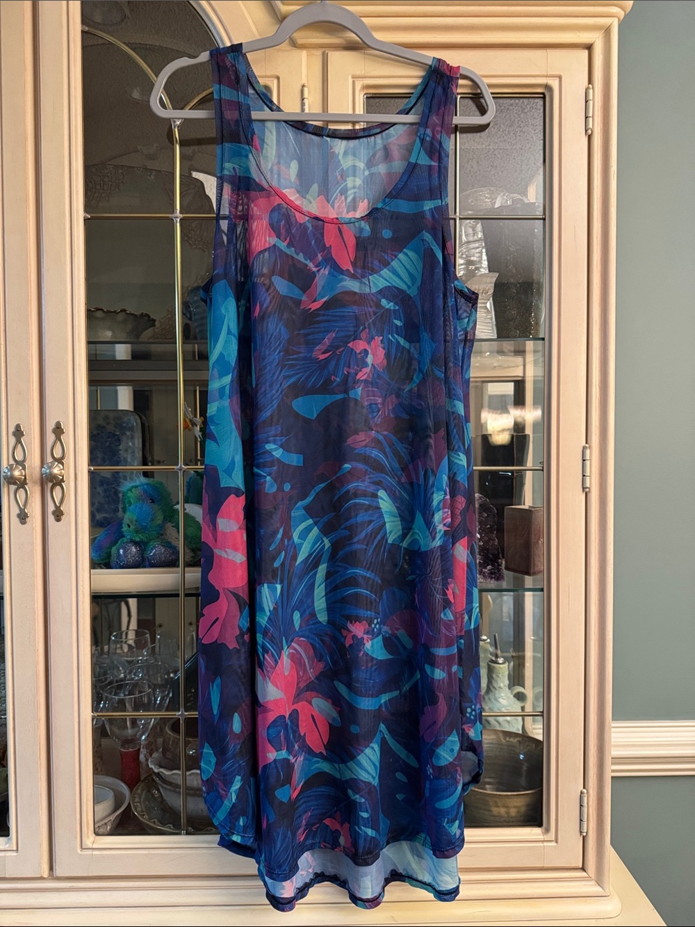 Swimsuits For All Navy Blue Floral Sheer Swim Coverup with Teal and Pink Accents